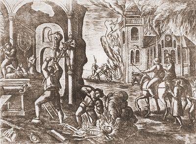 Kirchenschändung in Frankreich durch Hugenotten<br />Kupferstich von Wierix 1587<br />In verstegan theatrum crudelitatum haereticorum