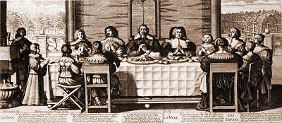 10-Gebote-Tafeln - Dekalogtafeln<br />La Bénédiction de la table<br />Radierung von Abraham Bosse 1635