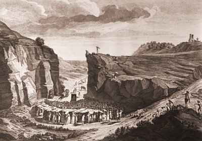 Gottesdienst im Steinbruch<br />Kupferstich 1780<br />Benoit Louis Henriquez
