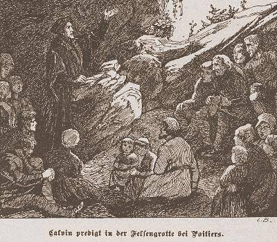 Calvins Predigt in der Felsengrotte bei Poitiers<br />Radierung - datiert 1784<br />Daniel Chodowiecki (1726-1801)