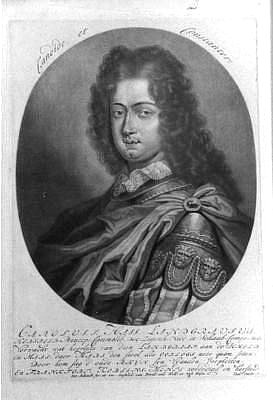 Carl, Landgraf von Hessen-Kassel<br>1654-1730<br>Er nahm Hugenotten auf. Schabkunstblatt von P. Schenk