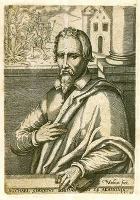 Servet, Miguel<br>1511-1553<br>Antitrinitarier, in Genf verbrannt als Ketzer, Kupferstich von Christoffel von Sichem