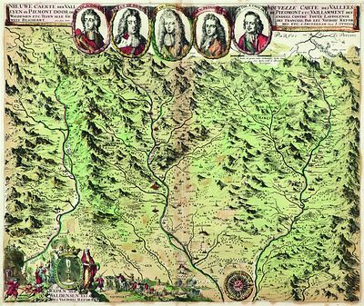 Karte der Waldensertäler<br>kolorierter Kupferstich von Romeyn de Hooghe